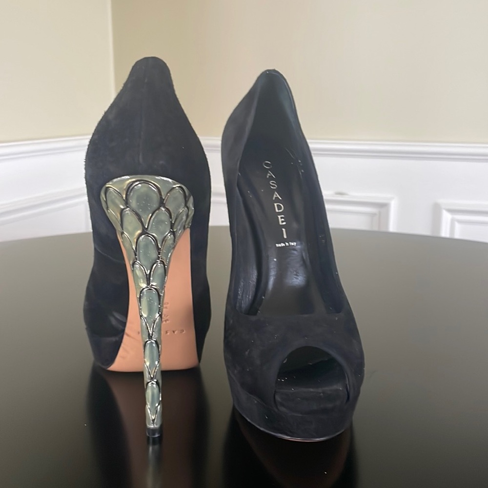 Casadei, size 8 black suede peep toe heel